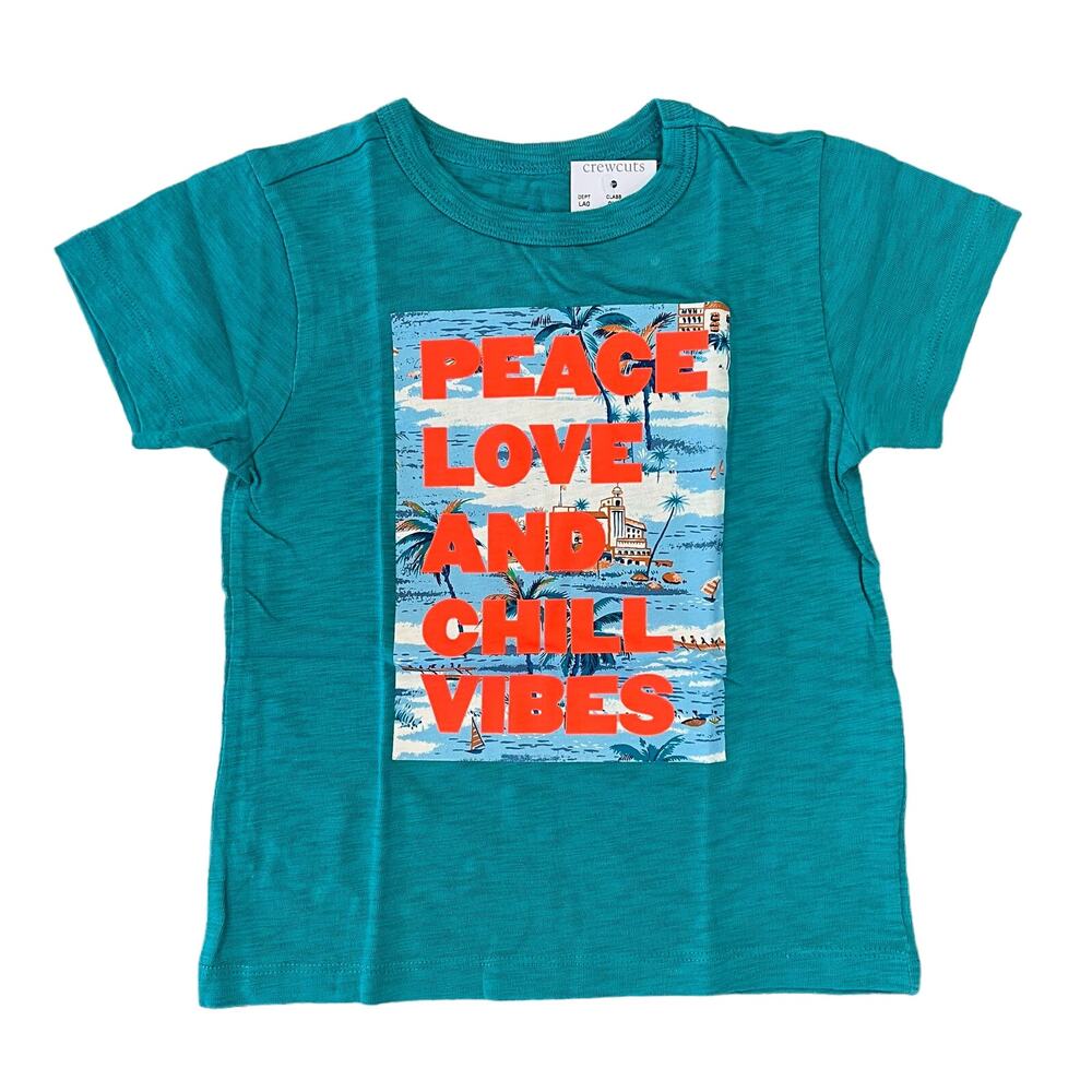 NWT J. Crew Boys' Teal/Green W/Peace, Love & Chill Vibes Graphic Tee - SIZE 2